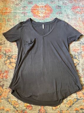 Grey Velvet V-Neck Pocket Tee - Dark Grey